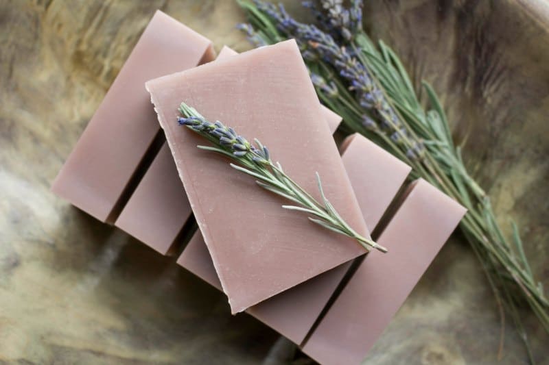 Lavender soap bars with stem of lavender.