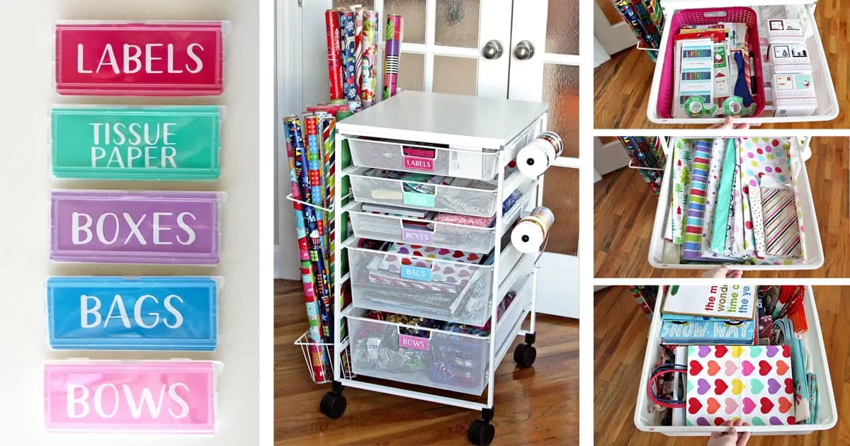 A 5-layered white cart with gift wrapping paper, paper bags and bows that are organized.