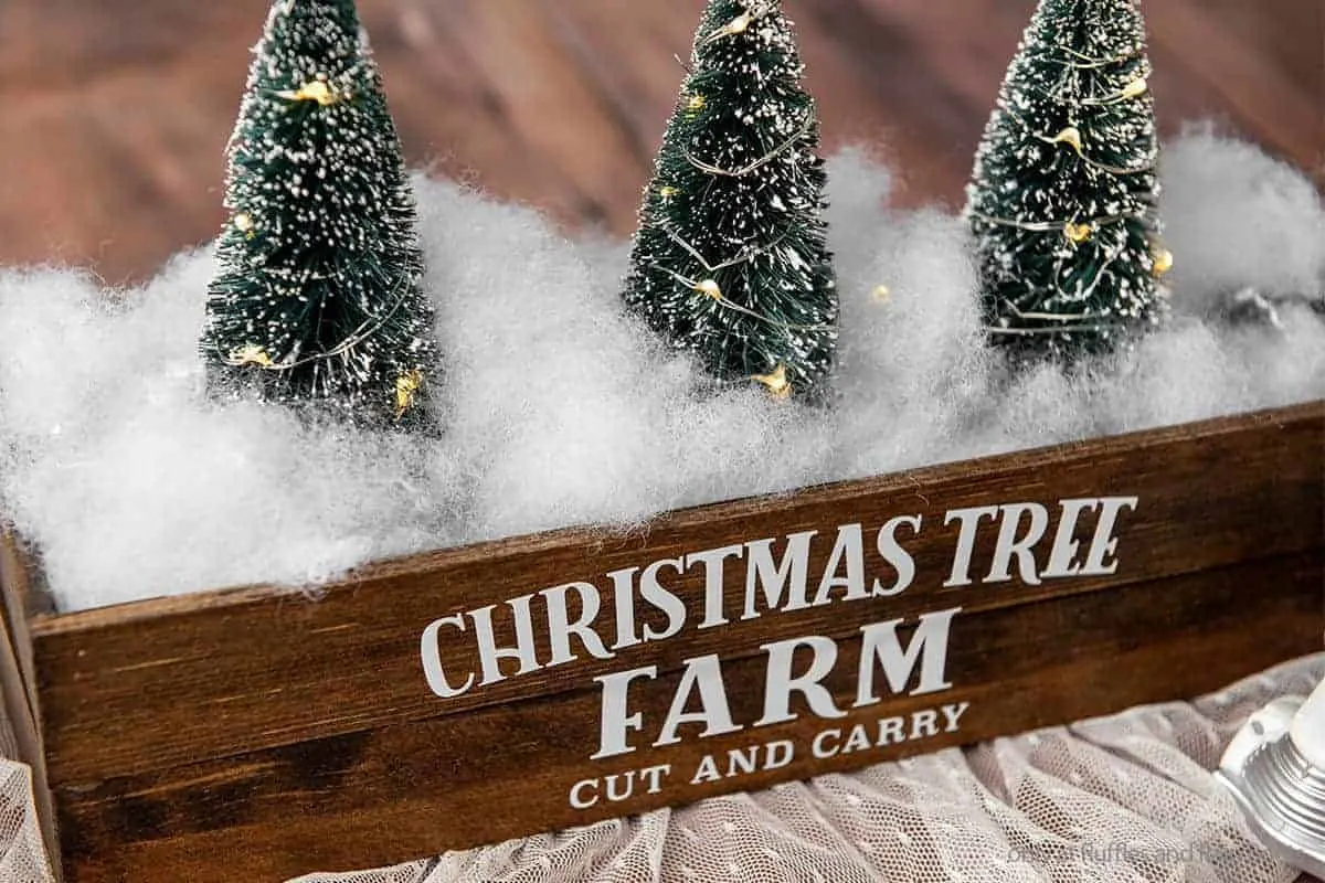 Three small Christmas trees surrounded by white foam inside a wooden box with a text that reads Christmas Tree Farm Cut and Carry.