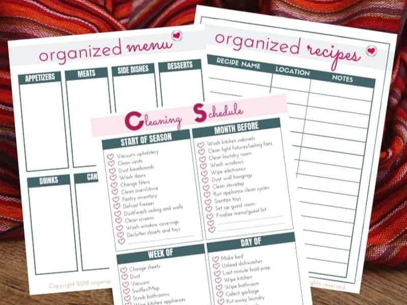 Three white printable planning sheets for organized menu, cleaning schedule and organized recipe lists.