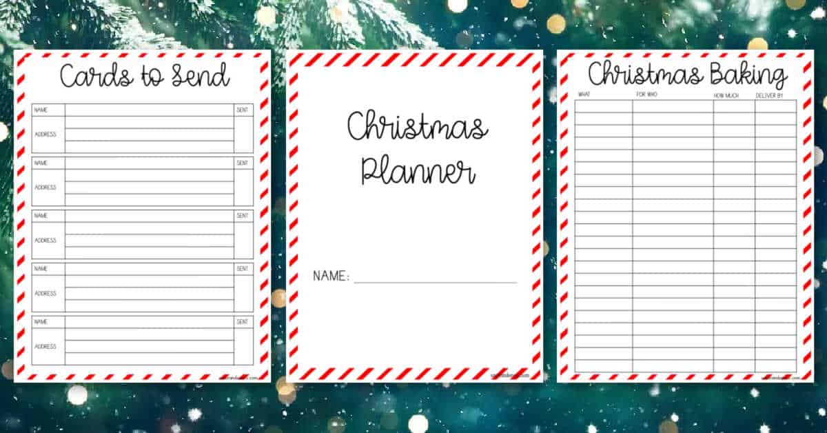 A 3-page Christmas planner with separate page for the list of cards to send, the Christmas planner owner and the Christmas baking list.