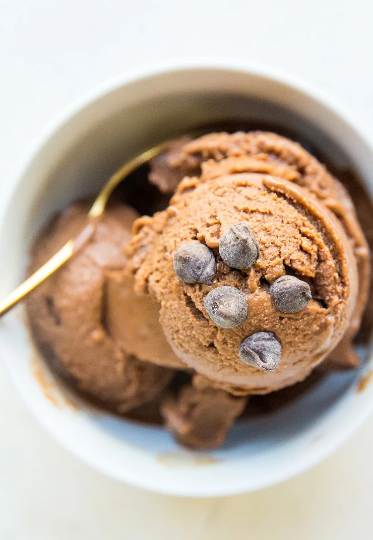 Scoops of chocolate banana ice cream garnished with chocolate chips.