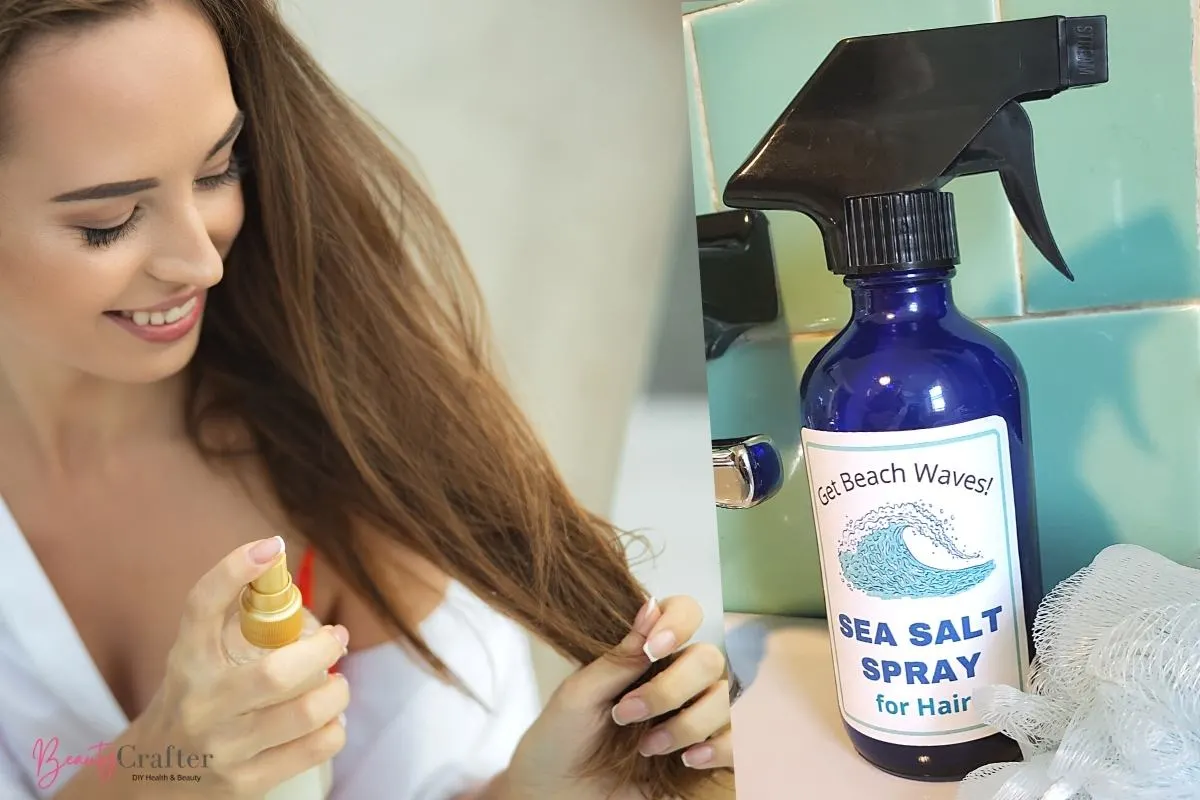 A woman smiling while spraying sea salt spray on hair and next to it is a photo of a blue spray bottle with homemade sea salt hair spray.