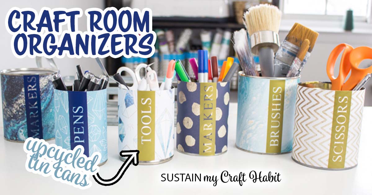 Craft room organizers. Craft organizers made from tin cans.