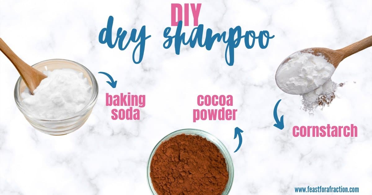 DIY dry shampoo ingredients including a small bowl of baking soda, a small bowl of cocoa powder and a spoonful of cornstarch.