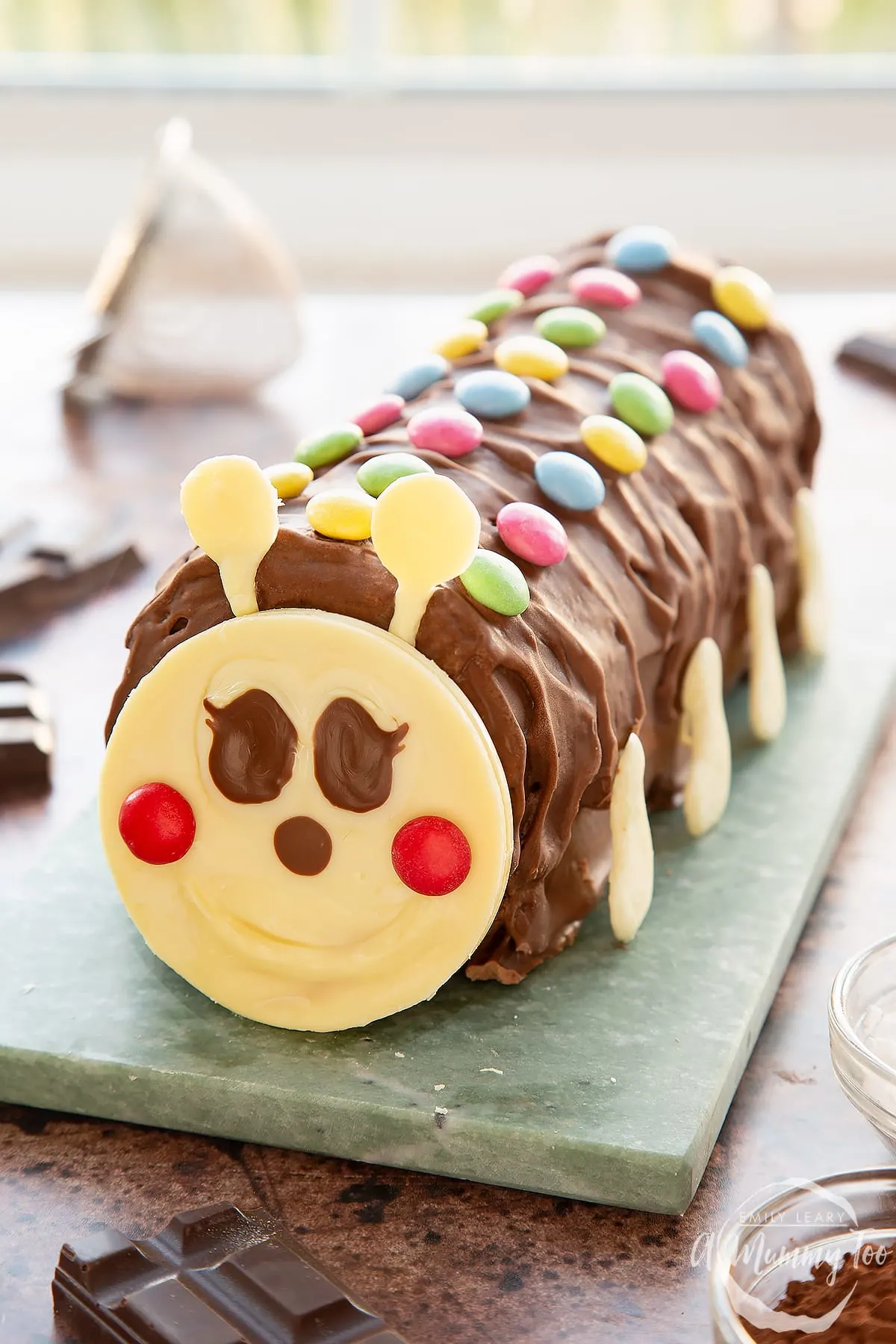 A smiling caterpillar cake with chocolate frosting.