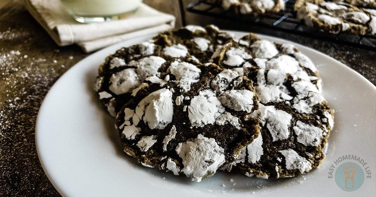 A plate of chai cookies with powdered sugar on it.