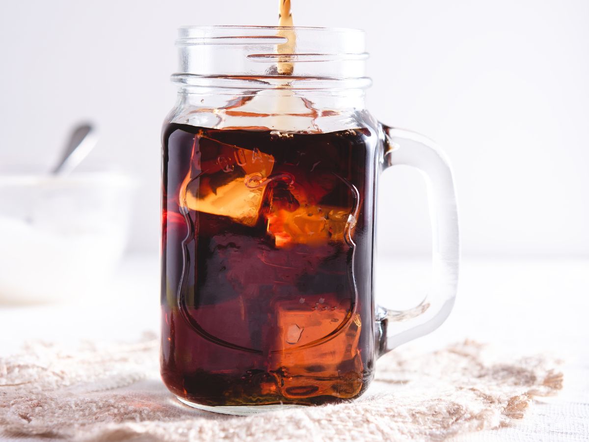 Cold brew coffee in a glass mug.