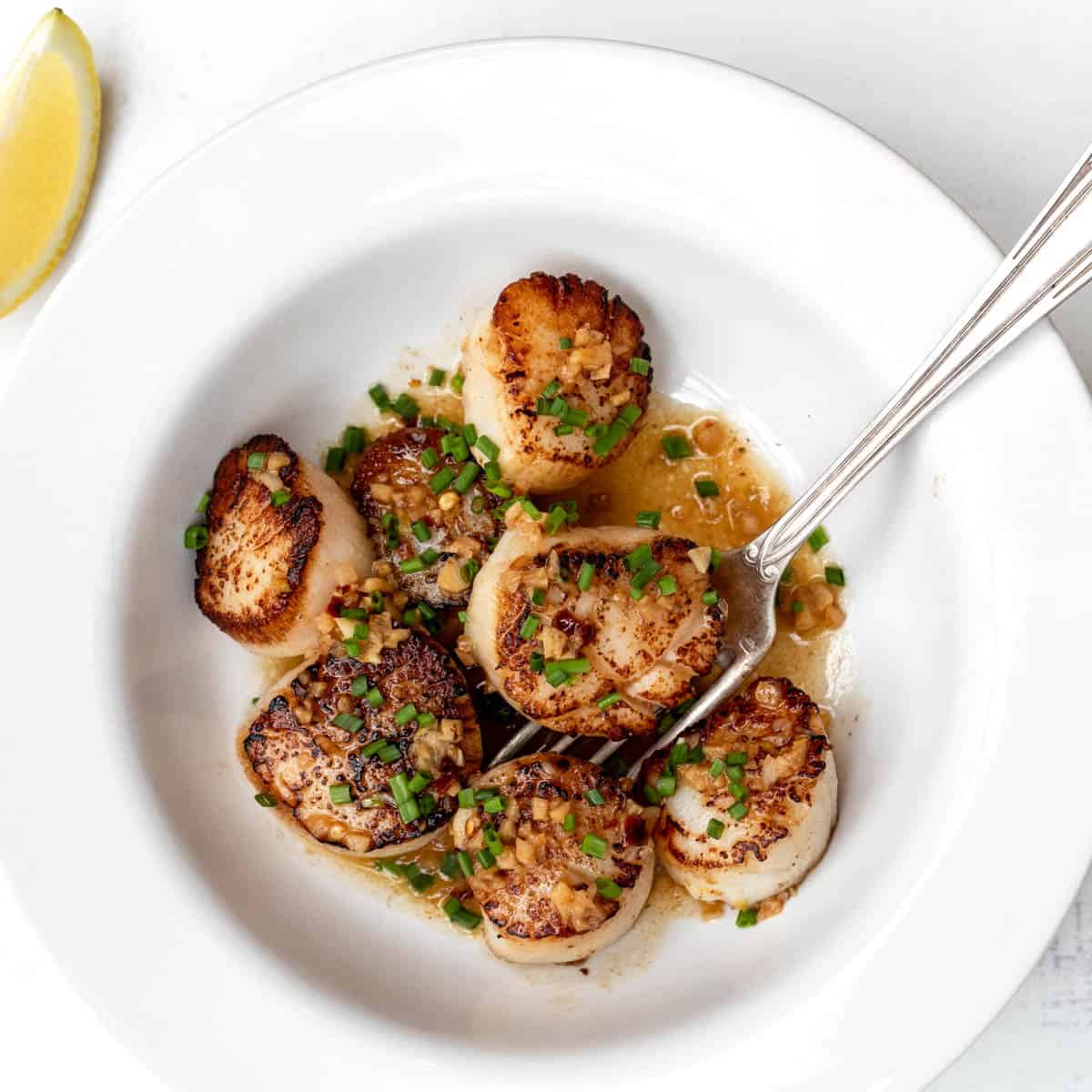 Scallops in a white bowl with green garnish.