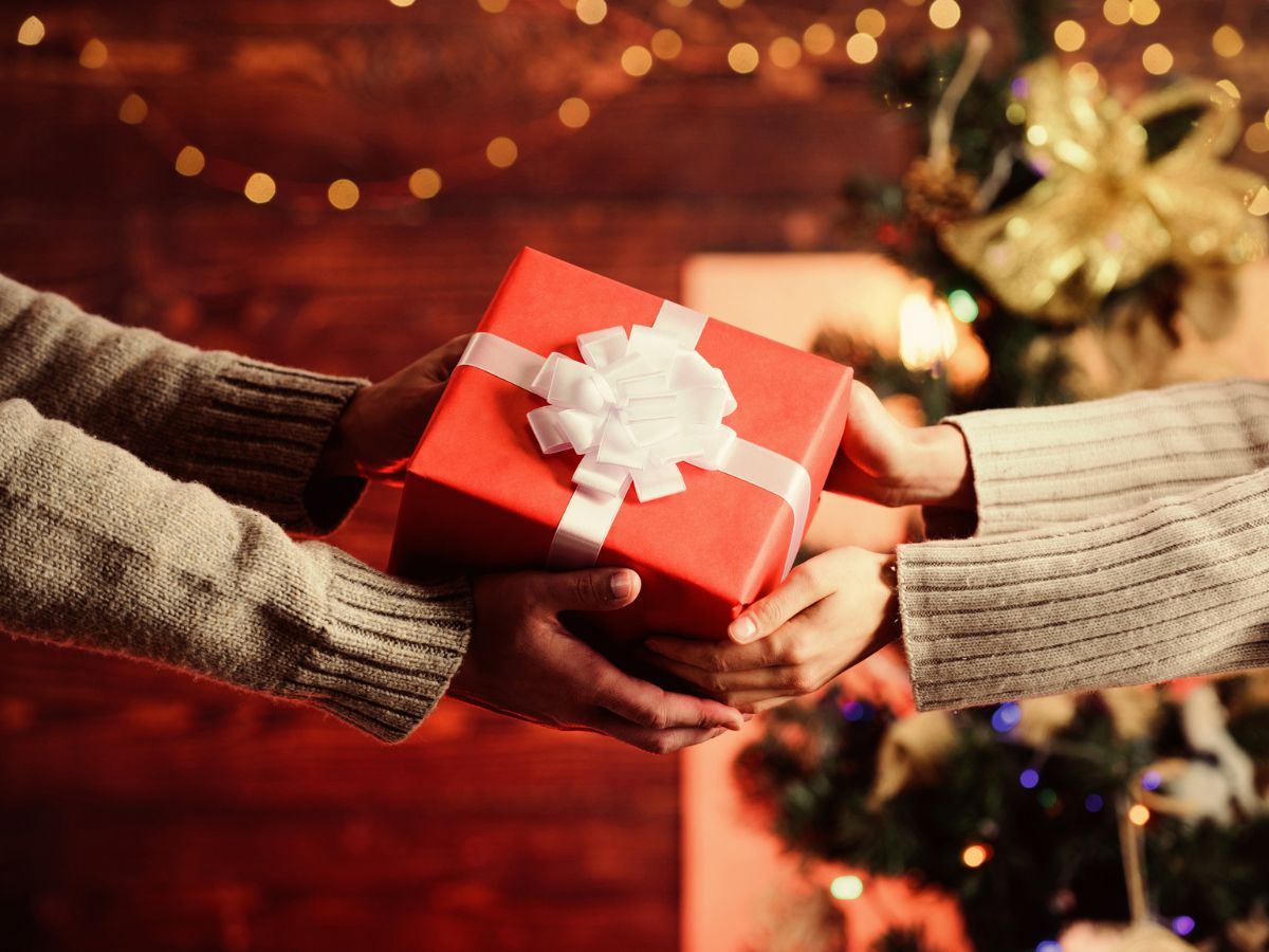 Two people exchanging a christmas gift box in front of a christmas tree.