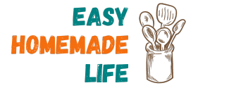 Logo for "easy homemade life" featuring stylized text and an illustration of a jar with kitchen utensils.