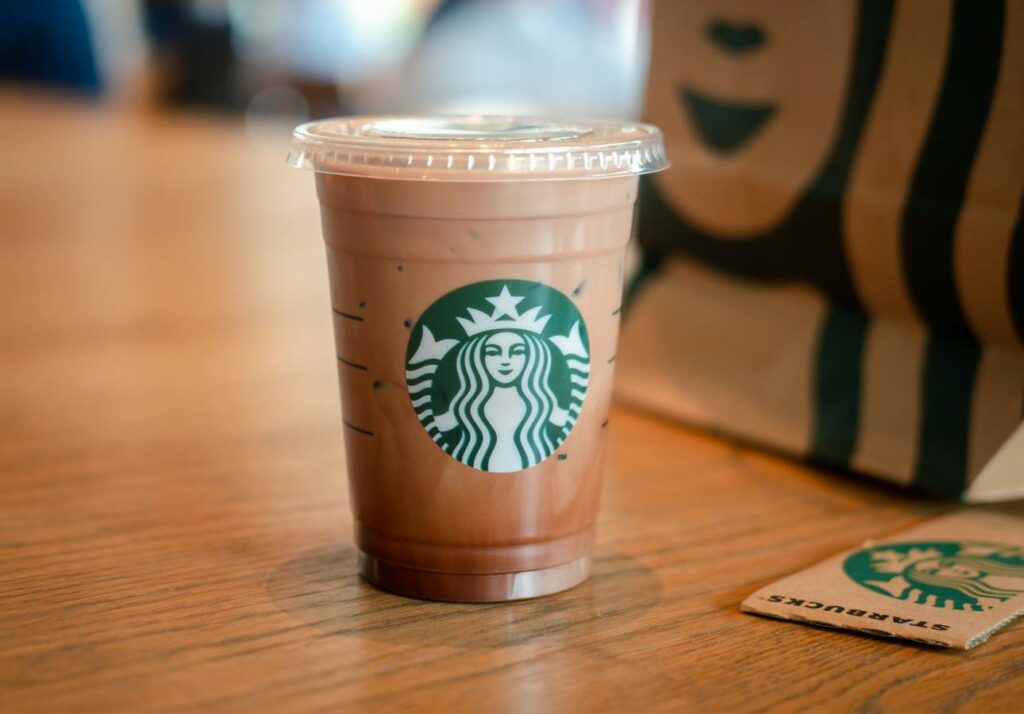 A starbucks iced mocha in a clear plastic cup with a lid, positioned on a wooden table next to a starbucks paper bag.