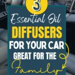 Advertisement graphic for three essential oil diffusers for the car with text overlay, set against an interior view of a vehicle.