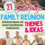 Promotional image for a guide on organizing family reunions, featuring text overlay and joyful people playing basketball and cycling in a park.