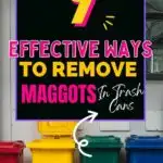 Sign reading '9 Effective Ways to Remove Maggots in Trash Cans' above red, yellow, green, and blue trash bins. Website link at the bottom: easyhomemadelife.com.