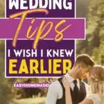 A couple embraces outdoors with a text overlay stating, "DIY Outdoor Wedding Tips I Wish I Knew Earlier." The background shows trees and a sunny day.