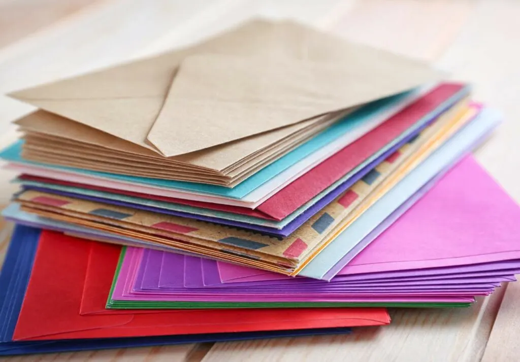 A stack of colorful paper envelopes on a wooden surface.