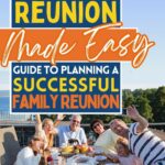 Promotional poster for 'family reunion made easy', featuring a joyful family gathered around a meal on a sunlit deck overlooking the water.