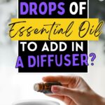 Close-up of a hand adding drops of essential oil into a diffuser. Text on the image asks, "How many drops of essential oil to add in a diffuser?" and includes a website URL at the bottom.