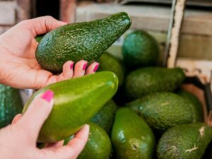 Hands with pink nails holding two avocados, one in each hand, over a display of more avocados.