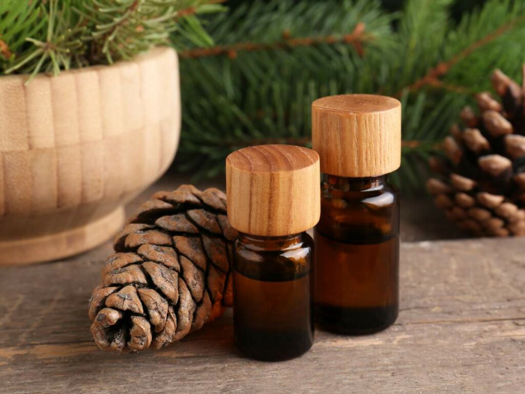 Two small brown glass bottles with wood caps are placed on a wooden surface next to a pine cone and a wooden bowl, with green pine branches in the background.