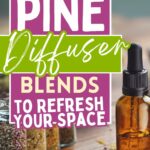 A dropper bottle and jars of herbs with the text: "Homemade Pine Diffuser Blends to Refresh Your Space" and "Easyhomemadelife.com" on a vibrant, mixed-color background.