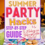 A colorful party setup with paper decorations, a table setting with food, and a book titled "Summer Party Hacks: Step-by-Step Guide to Making an Unforgettable Party!" by easyhomemadelife.com.