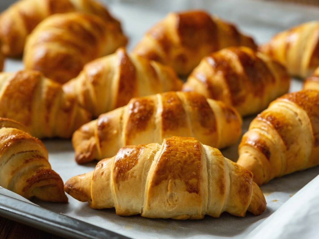 A baking sheet filled with multiple freshly baked, golden brown croissants.