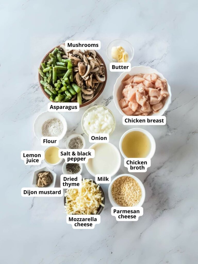 A selection of ingredients labeled for a chicken asparagus casserole recipe.