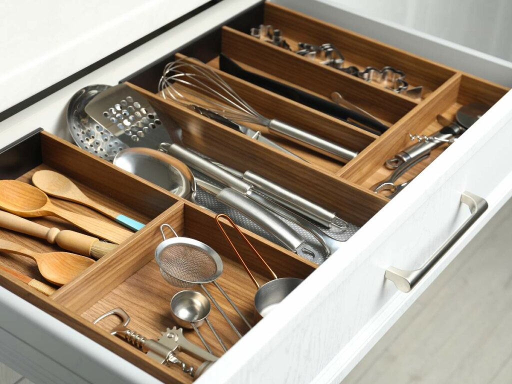 A kitchen drawer organized with wooden dividers containing various utensils.