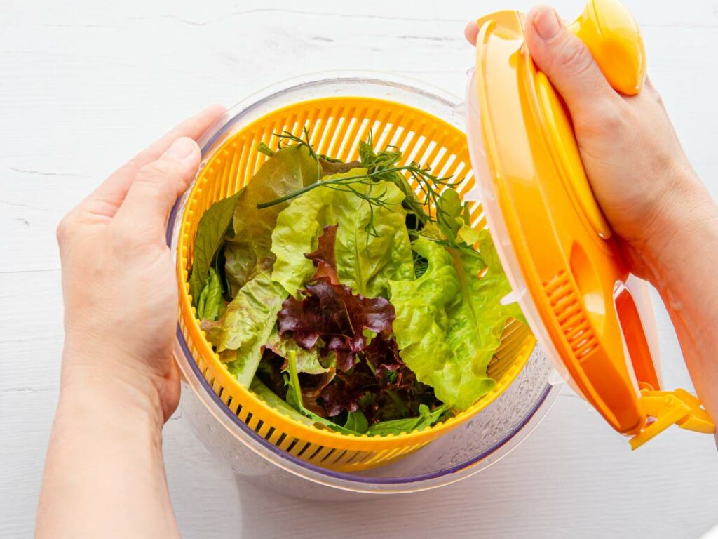 Hands holding a yellow salad spinner filled with mixed green and red lettuce leaves on a white surface.