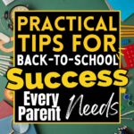 A variety of school supplies are spread out with text overlay: "Practical tips for back-to-school success every parent needs".