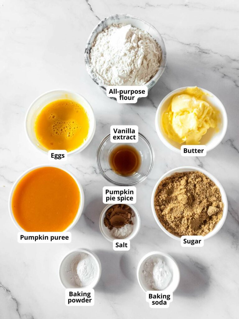 Top-down view of labeled ingredients in bowls for bread machine pumpkin bread.