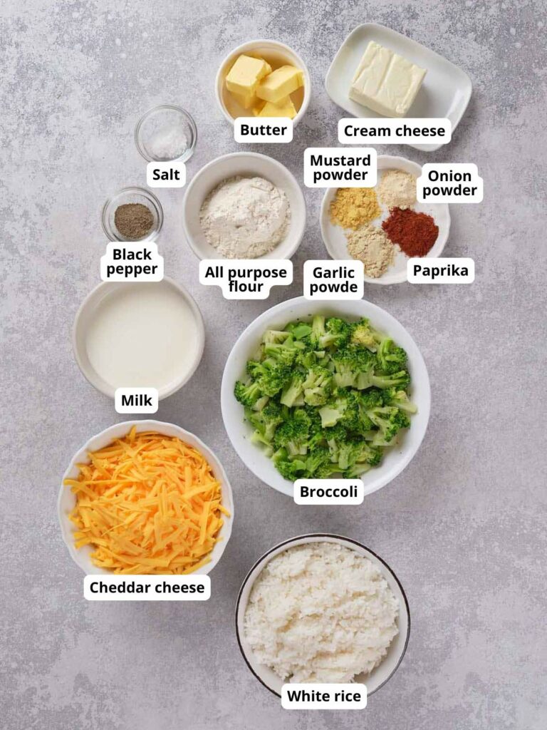 Ingredients for broccoli rice casserole recipe laid out on a table.