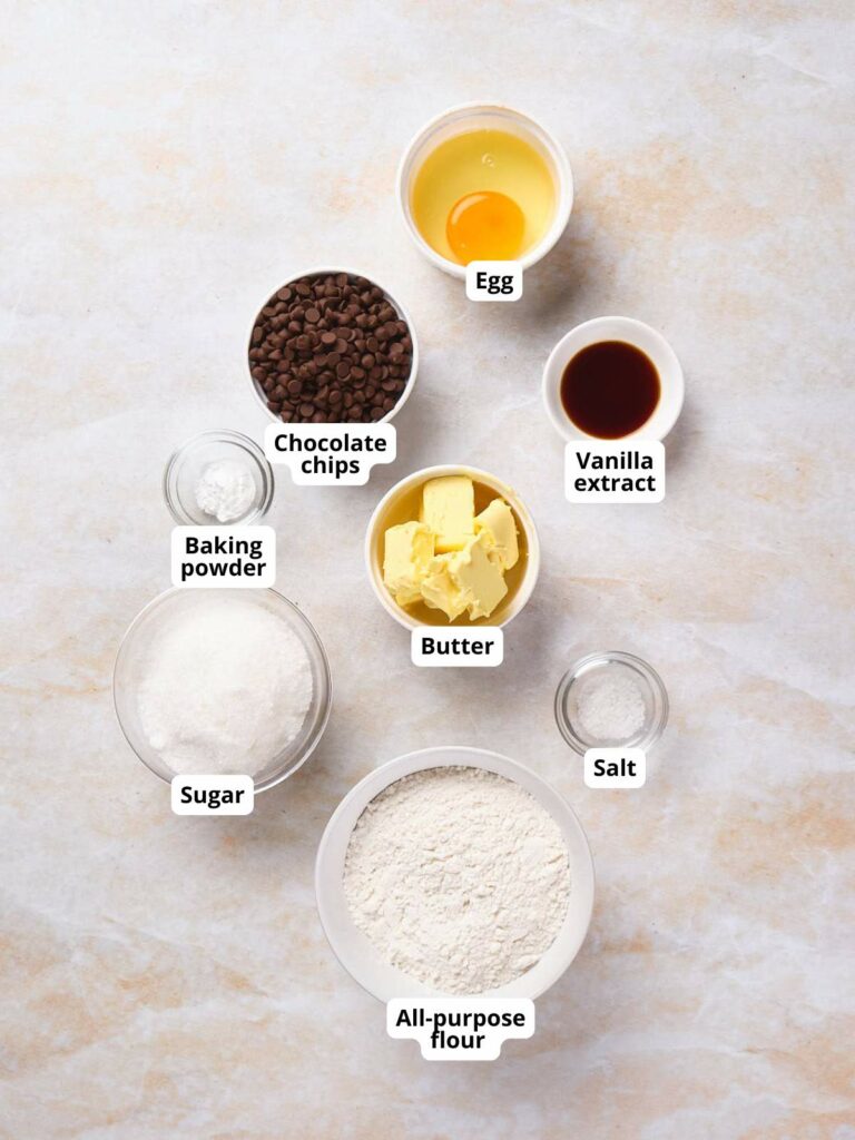 Overhead view of chocolate chip cookie ingredients, labeled accordingly.