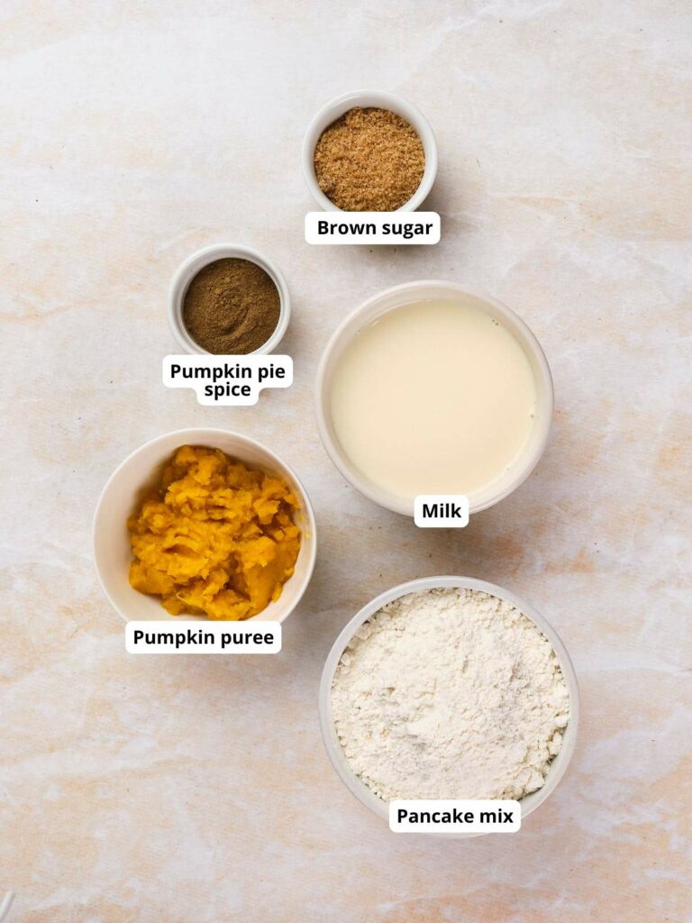 Ingredients for pumpkin pancakes arranged on a surface, each labeled.