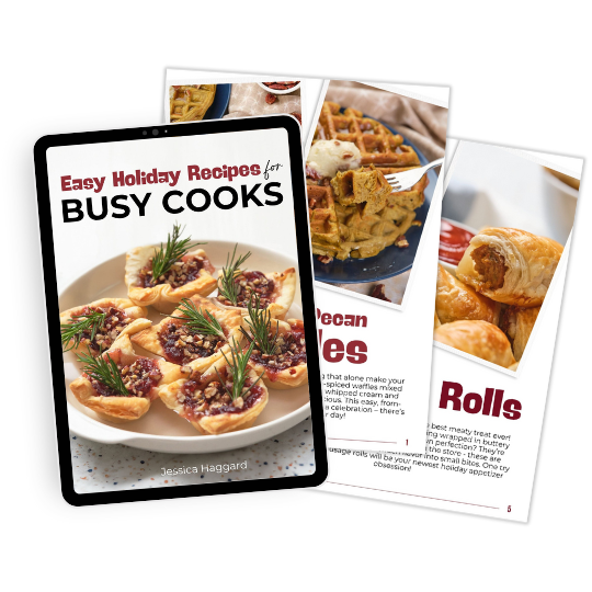 Discover "Easy Holiday Recipes for Busy Cooks," a cookbook that brings the joy of easy homemade life to your kitchen. Delight in images of pecan tarts, waffles, and sausage rolls that make holiday cooking a breeze.