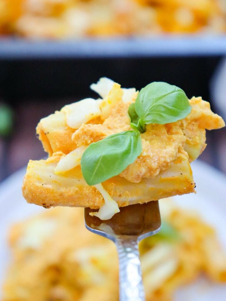 Close-up of a fork holding a piece of cheesy pasta garnished with a fresh basil leaf.