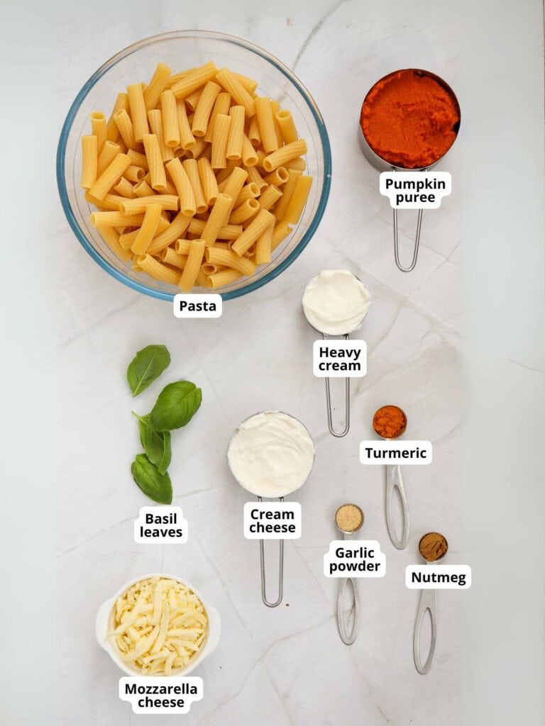 Ingredients for pumpkin pasta arranged on a white surface.