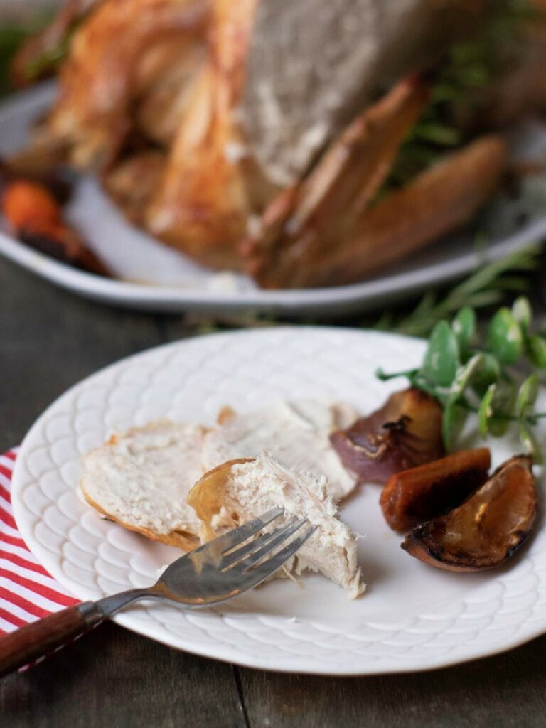 A plate with sliced turkey, roasted onions, and a fork.