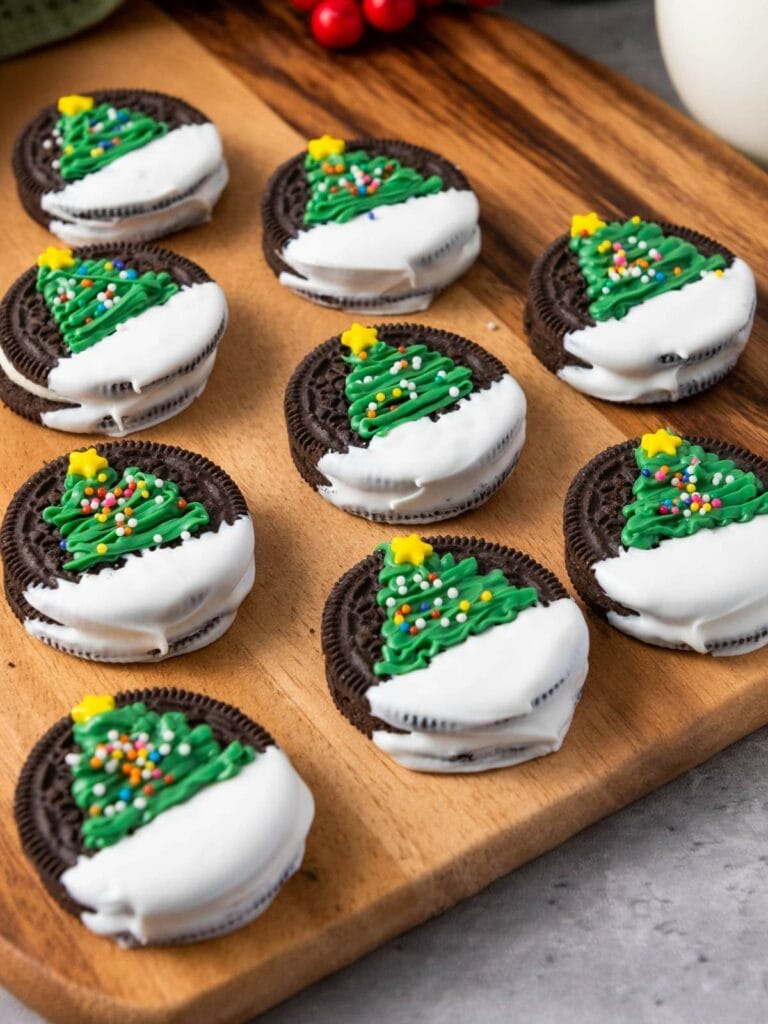 Christmas tree oreos arranged on a wooden board.