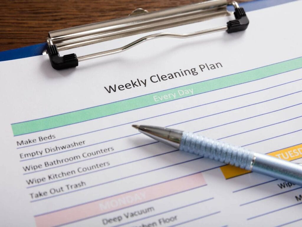 Close-up of a clipboard showing a "Weekly Cleaning Plan."