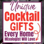 Assorted cocktail tools with bold text "Unique Cocktail Gifts Every Home Mixologist Will Love" and a website link at the bottom.