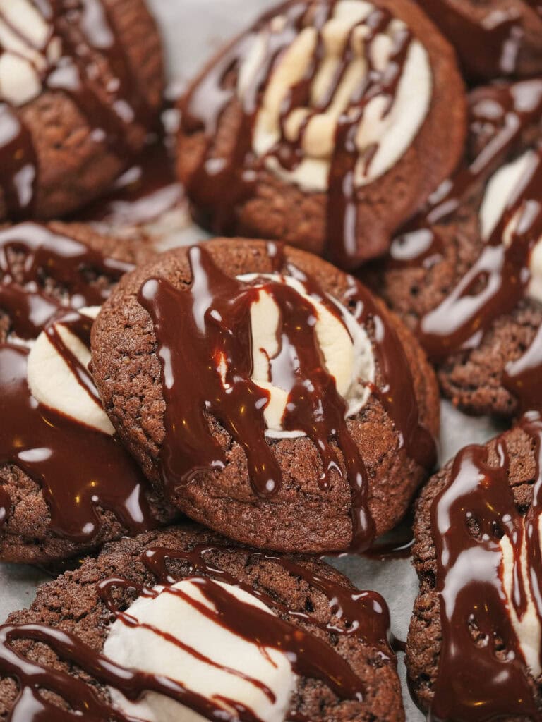 Chocolate cookies topped with a light filling and drizzled with chocolate.