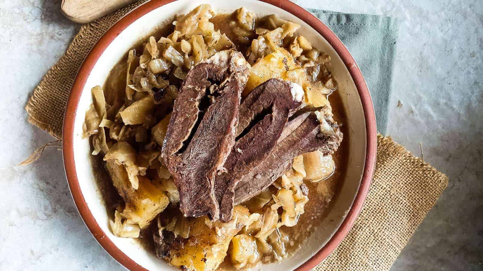 Braised Beef Heart with cabbage and parsnip.