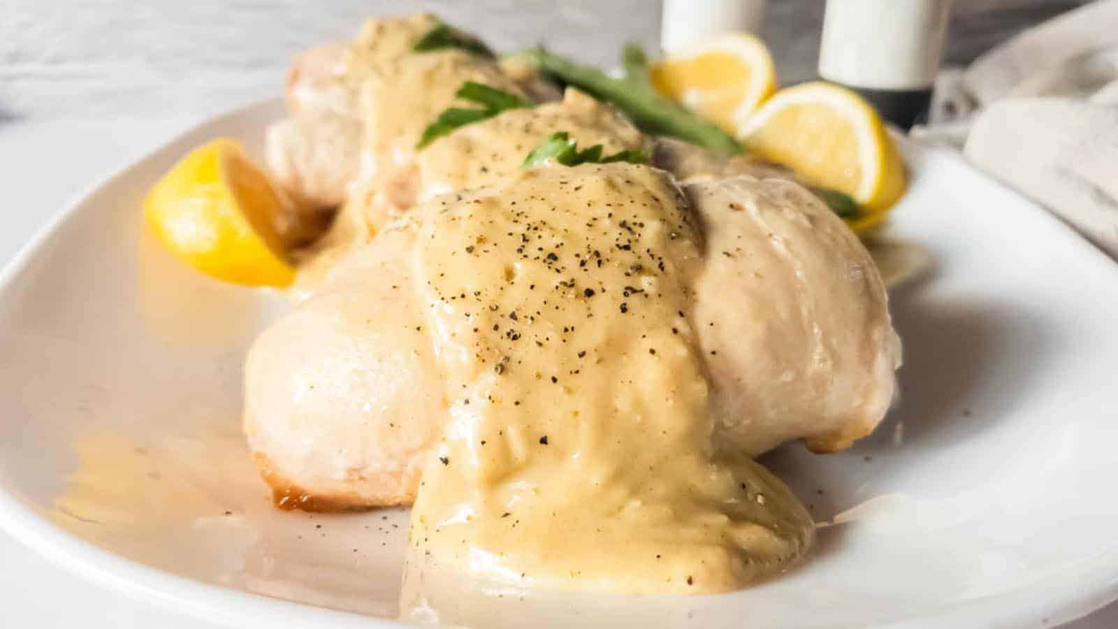 Plate of chicken cordon bleu topped with creamy sauce and black pepper.