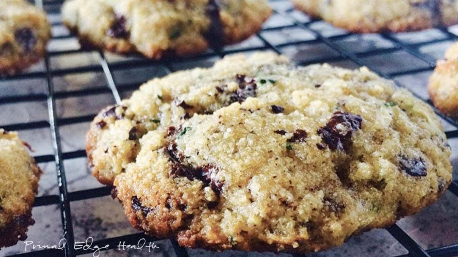 A picture of Keto Chocolate Chip Cookies on cooling rack.