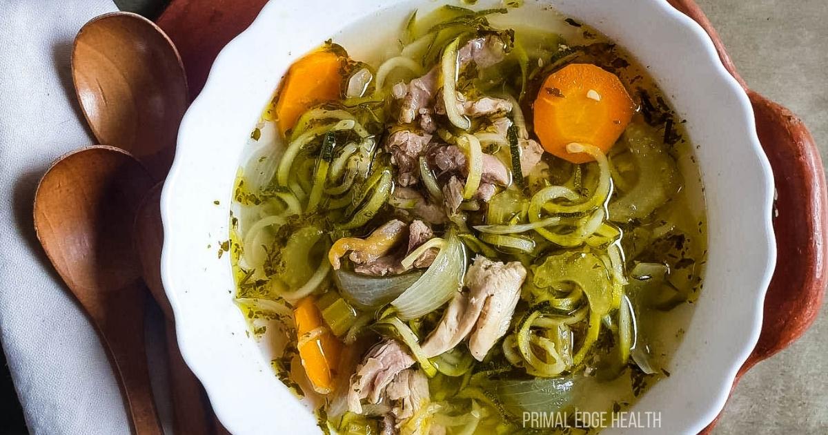 A bowl of slow cooker Chicken Noodle Soup.