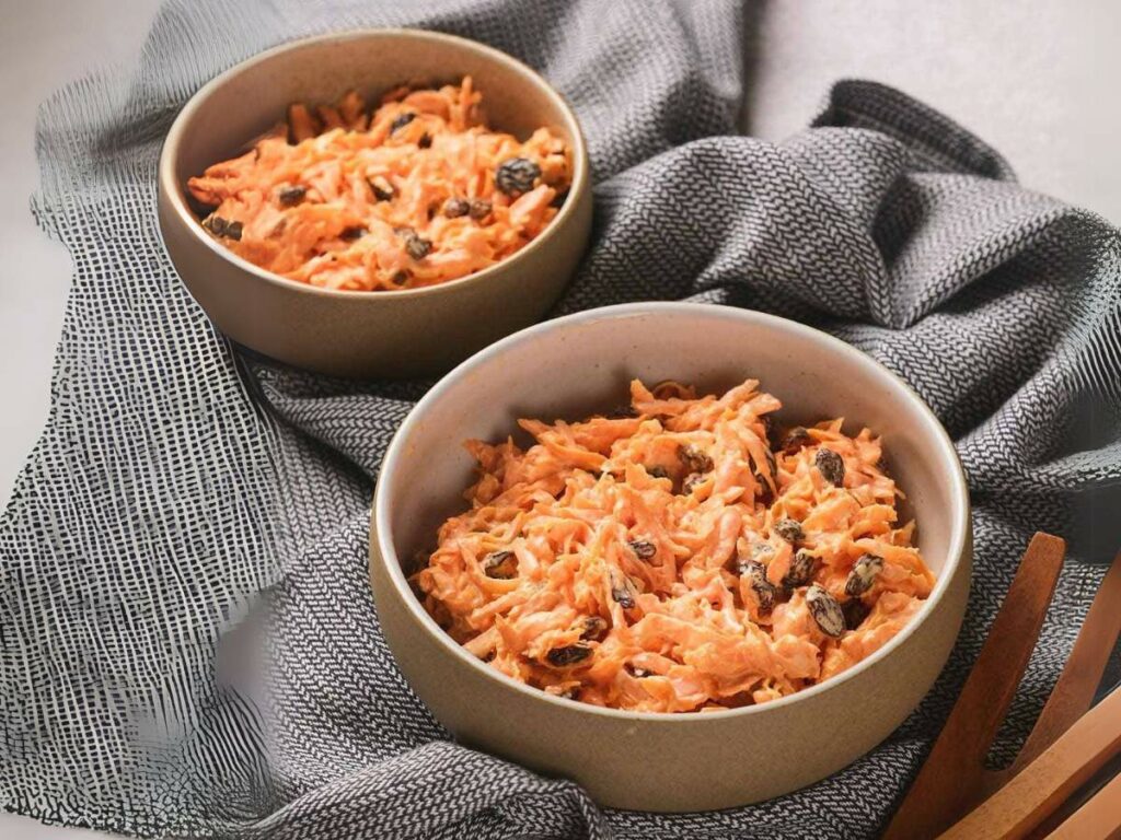 Two ceramic bowls filled with carrot raisin salad.