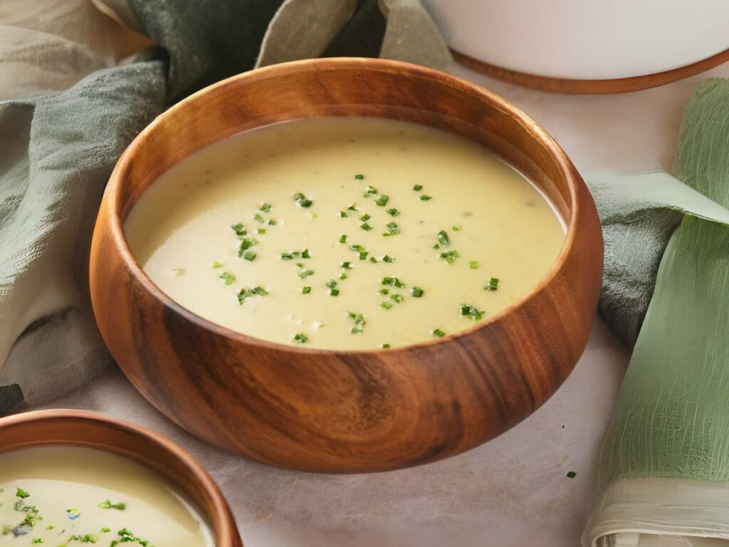 A wooden bowl filled with potato and leek soup, garnished with chopped green herbs.